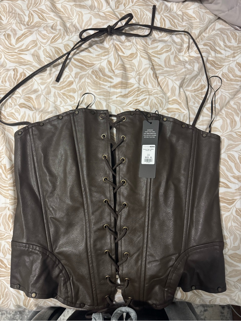 Fashion Nova Brown Faux Leather Lace-Up Corset Halter Top